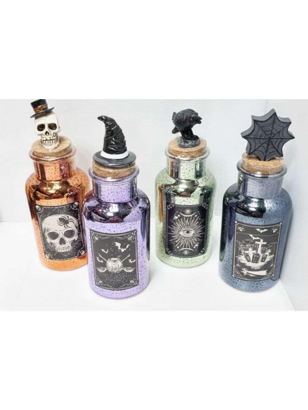 4 Halloween Decorative Glass Bottles with Cork Stoppers and Themed Figures NEW